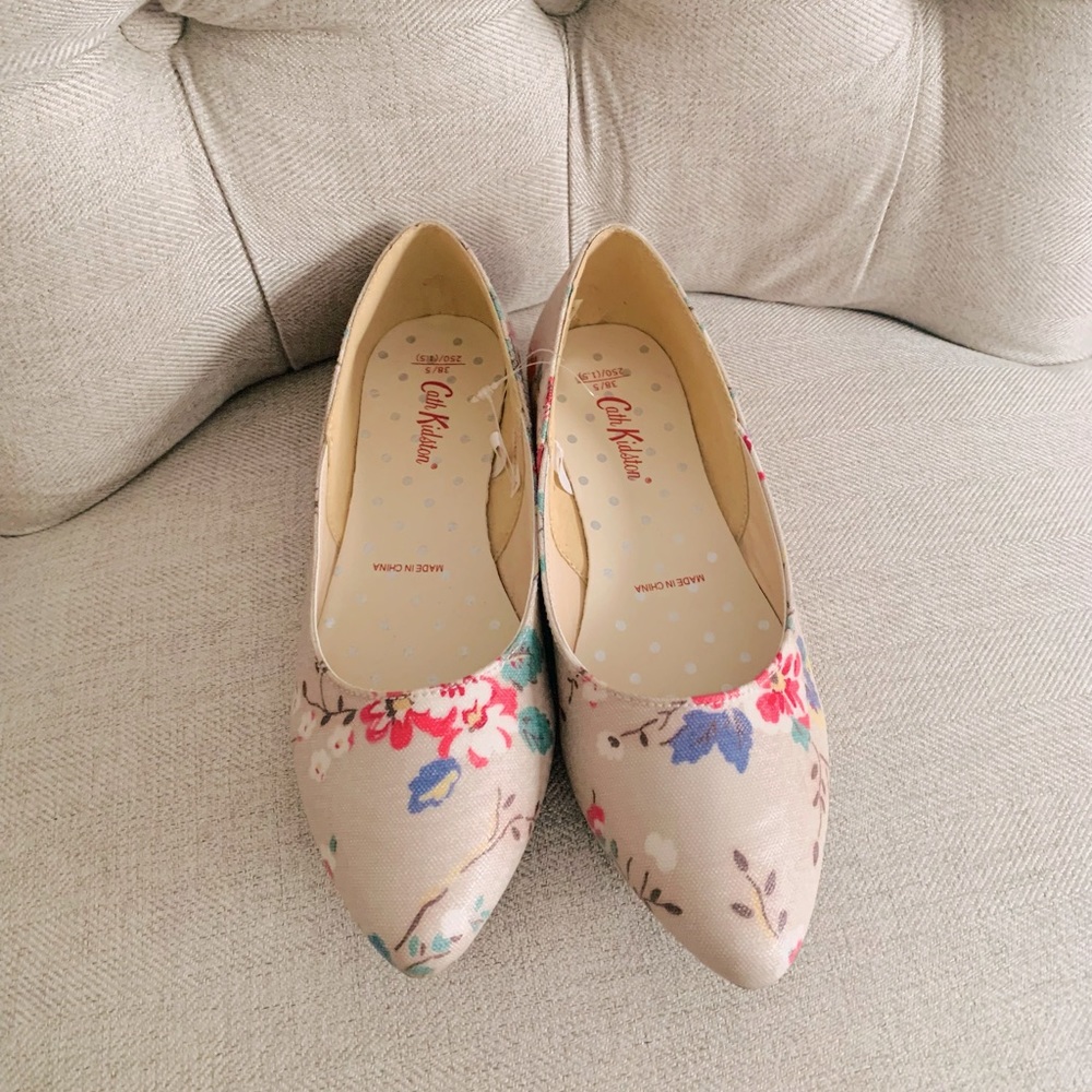 Cath Kidston Floral Tan Cream Ivory White Pink Blue Green Flowers Flats Almond